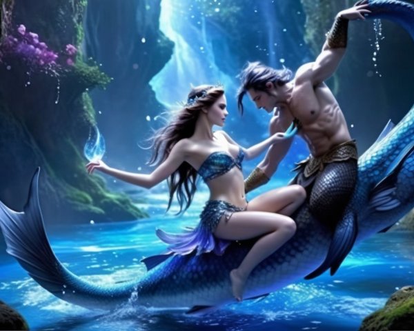 Underwater Scene of a Mermaid and Merman Embracing