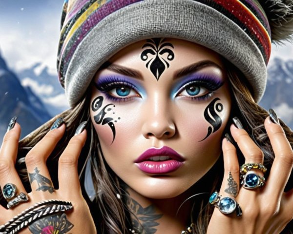 Close-up of a woman with bold makeup and tattoos