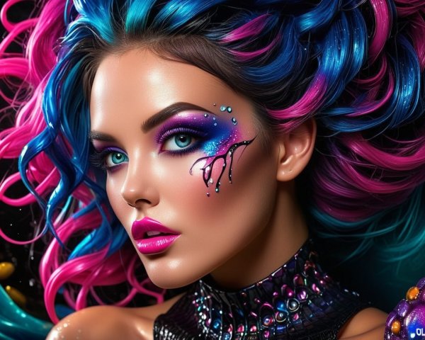 Portrait of a Woman with Vibrant Hairstyles and Makeup