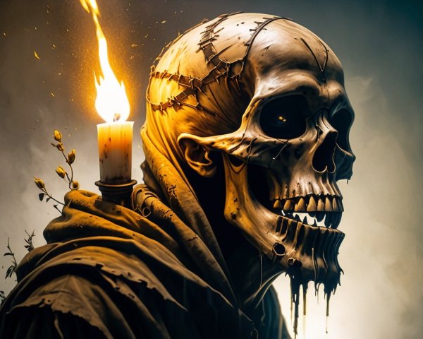 Haunting Skeletal Figure with Candle and Roses