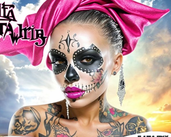 Intricate Sugar Skull Makeup with Bold Colors and Tattoos