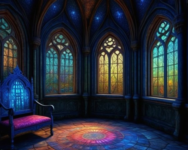 Mystical chamber with stained glass and mosaic design