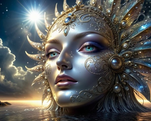 Ethereal figure with metallic face and turquoise eyes