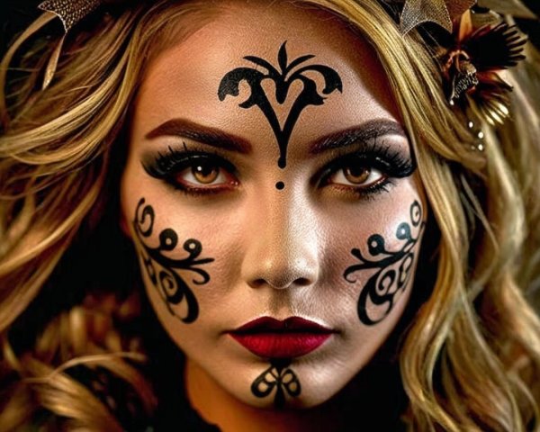 Close-up of a woman with bold makeup and tribal designs