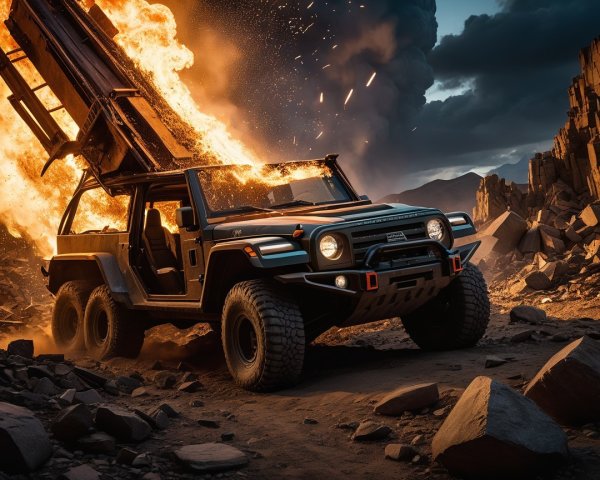 Off-Road Vehicle Amid Flames and Rocky Terrain