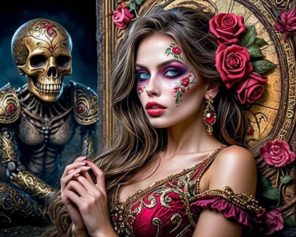 Woman with Intricate Makeup and Stylized Skeleton