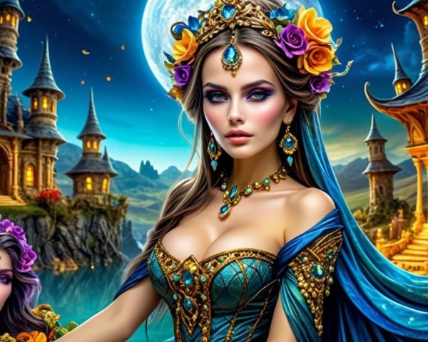 Regal woman in teal gown in a mystical landscape