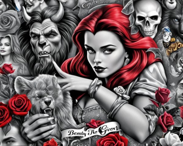 Vibrant Fantasy and Romance Collage with Intricate Details