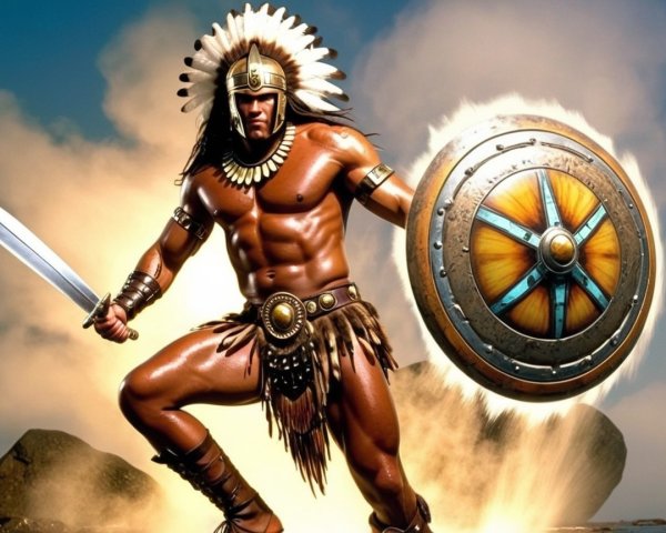 Muscular Warrior in Tribal Attire with Sword and Shield