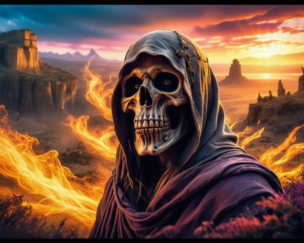Hooded Figure with Skull Face Against Desert Sunset