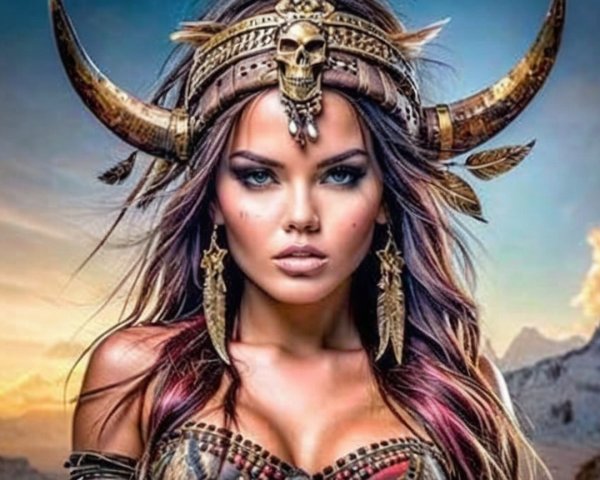 Fierce Warrior Woman Against Sunset Backdrop