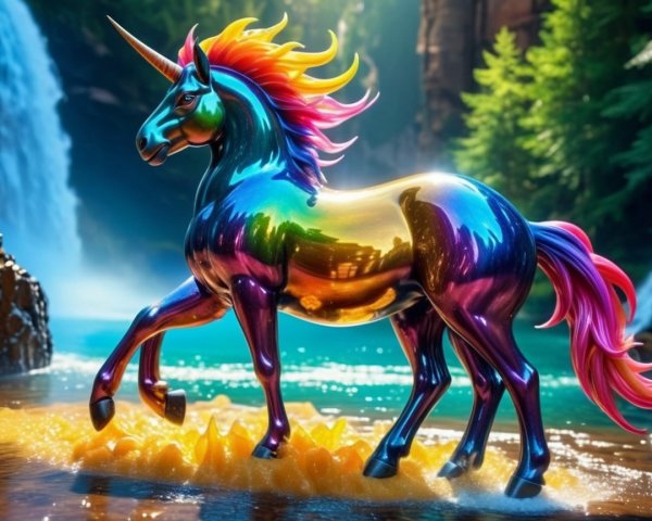 Vibrant Metallic Unicorn on Shimmering Orange Platform