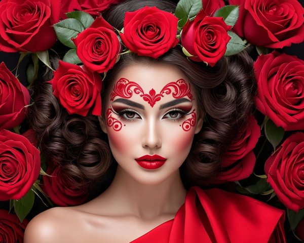 Woman with Crown of Red Roses and Intricate Makeup