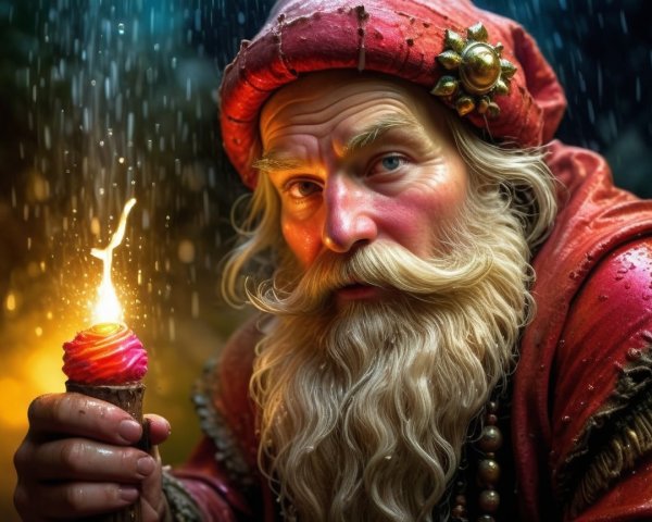 Detailed Close-Up of Old Man with Red Cloak and Staff