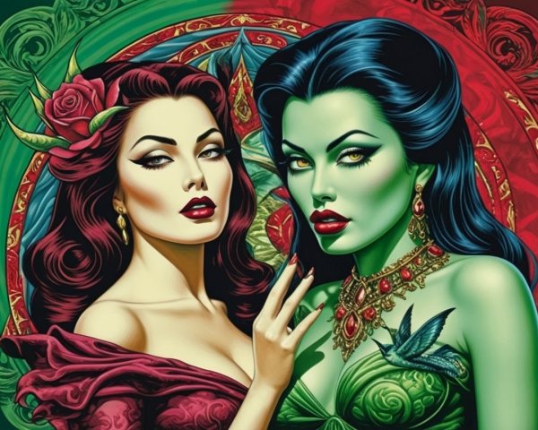 Striking Women with Red Hair and Green Skin in Detail