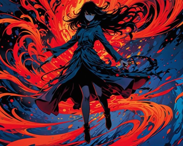 Cloaked Figure in Dynamic Red and Blue Swirl Background