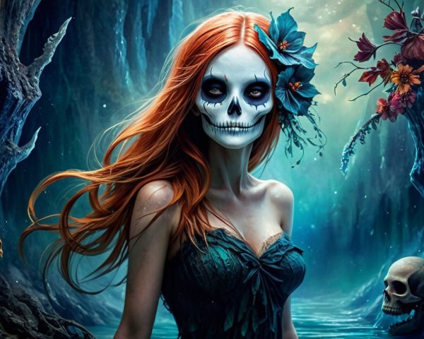 Mystical Figure in Ethereal Landscape with Skull Makeup