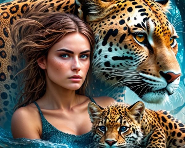 Young Woman with Jaguars in Lush Jungle Setting