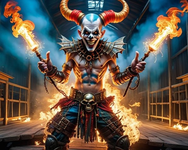 Menacing Character in Fiery Industrial Setting