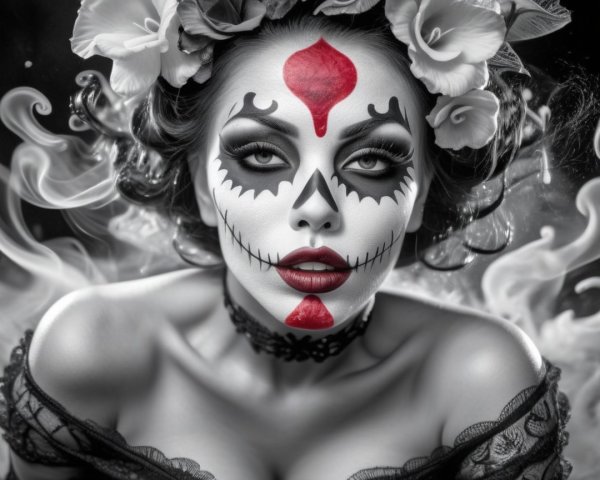 Elaborate Sugar Skull Makeup with Floral Hair Accents