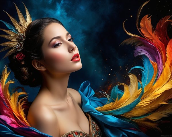 Elegant Woman with Colorful Feather Backdrop