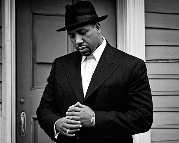 Man in Black Pinstripe Suit by Wooden Door in B&W