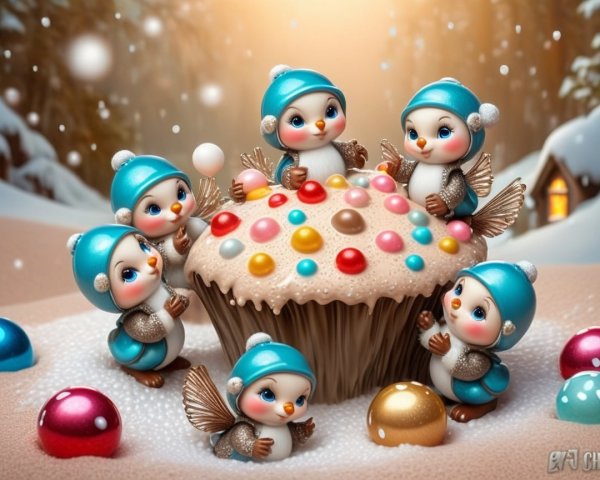 Penguin Figurines with Cupcake in Snowy Forest Setting