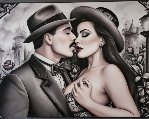 Black and white mural of a romantic couple's embrace