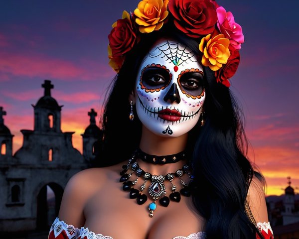Portrait of a woman with flower adornments and skull makeup