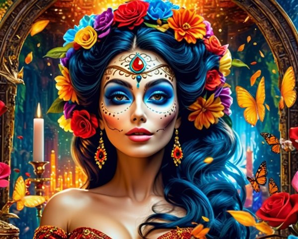 Vibrant Figure with Floral Crown and Sugar Skull Makeup