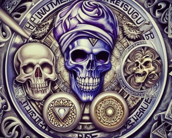 Intricate Blue Skull Design with Geometric Motifs