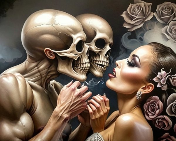 Intimate Scene of Woman and Skeletal Figures