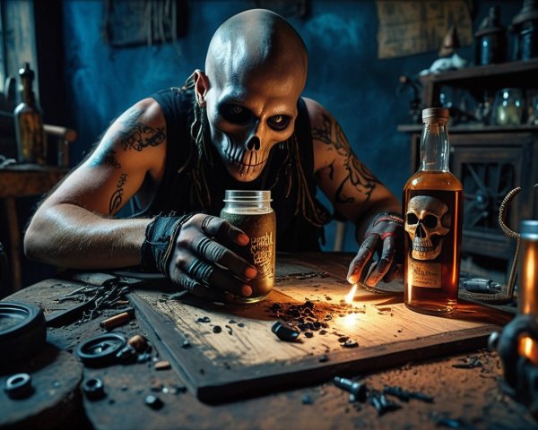 Tattooed Figure with Skull Mask in Dark Alchemical Space