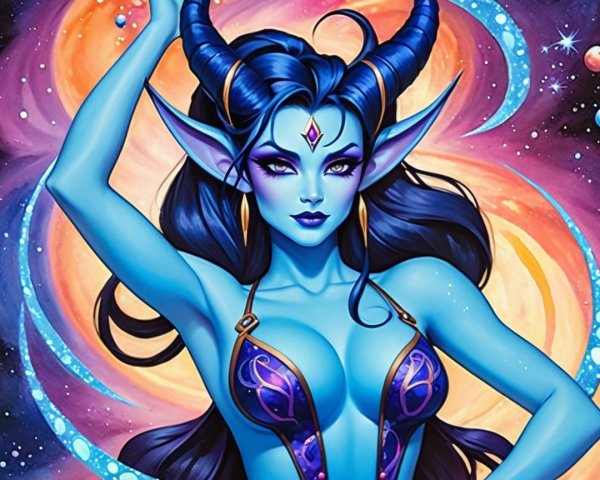 Fantasy Character with Blue Skin in Cosmic Setting