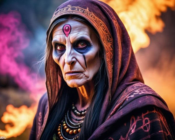 Mystical Figure in Vibrant Flames with Ancient Wisdom