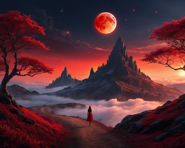 Woman in Red Dress Amidst Scenic Sunset Landscape