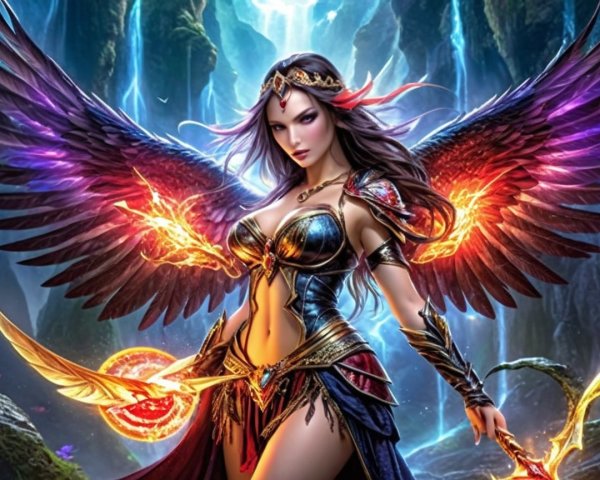 Fantasy Character with Fiery Wings in Mystical Landscape