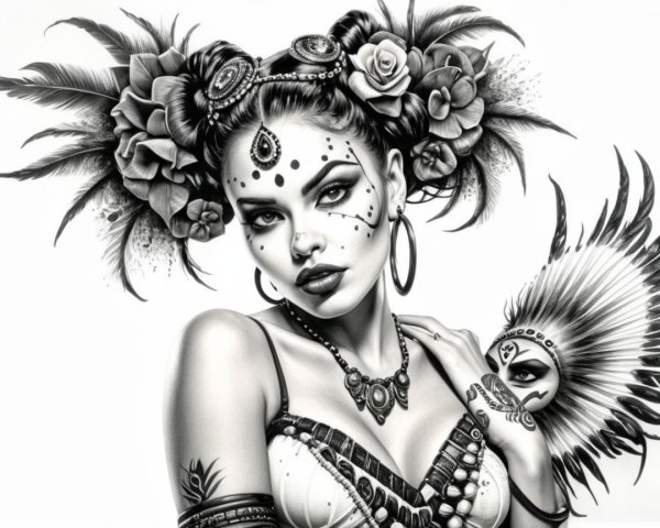 Black-and-White Portrait of a Woman with Floral Accents