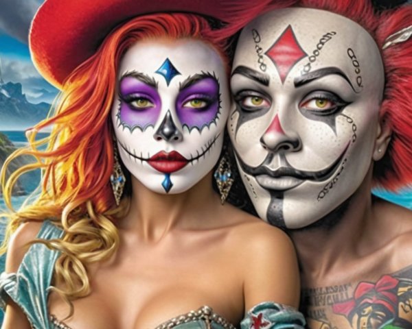 Duo with Día de los Muertos and circus-inspired makeup