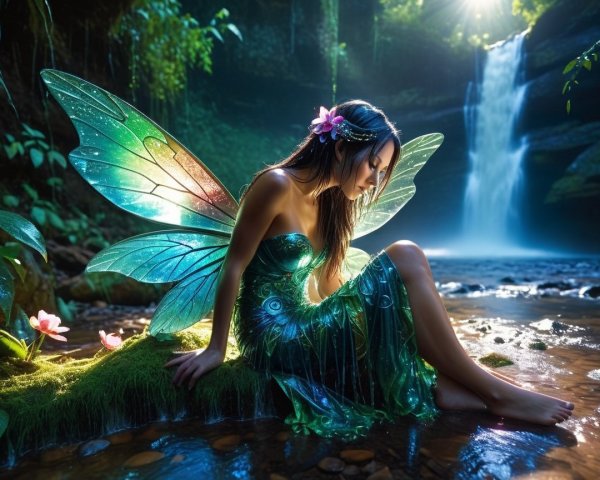 Fairy by a Stream with Iridescent Wings and Flowers
