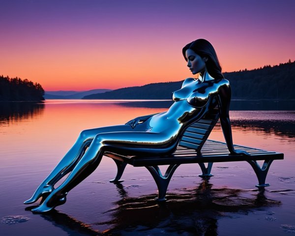 Metallic Humanoid Figure by Tranquil Lake at Sunset