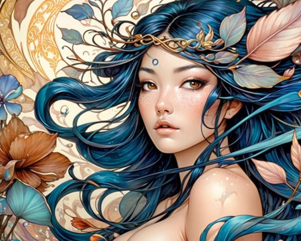 Ethereal Woman with Blue Hair and Floral Accents