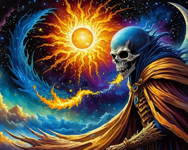 Vibrant Cosmic Scene with Skeletal Figure and Celestial Colors