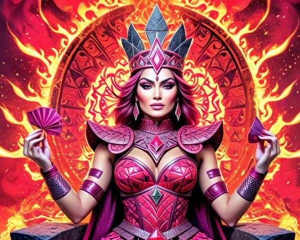 Ornate Magenta Armor and Fiery Surroundings Description