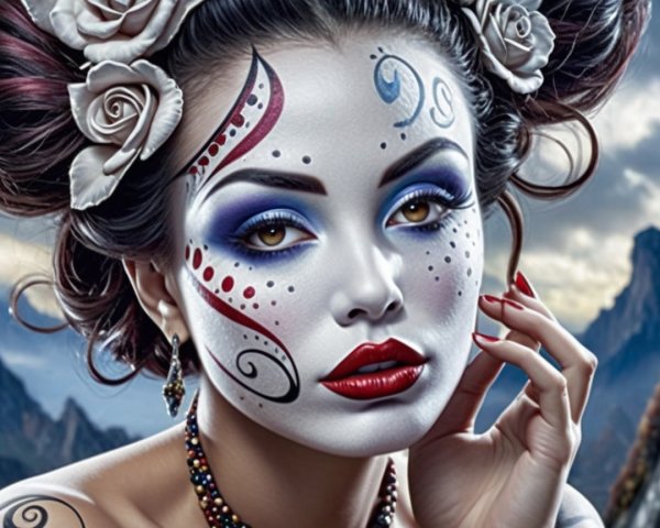 Portrait of a Woman with Artistic Face Paint and Flowers