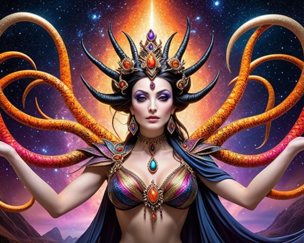 Cosmic Figure with Horned Headgear and Vibrant Attire
