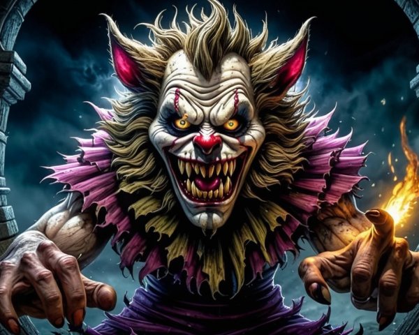 Menacing clown creature in dark, ominous setting