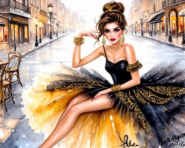Glamorous Fashion Illustration in Parisian Setting