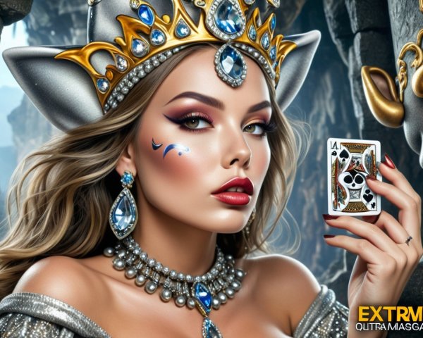 Regal Woman with Crown and Playing Card in Dramatic Setting
