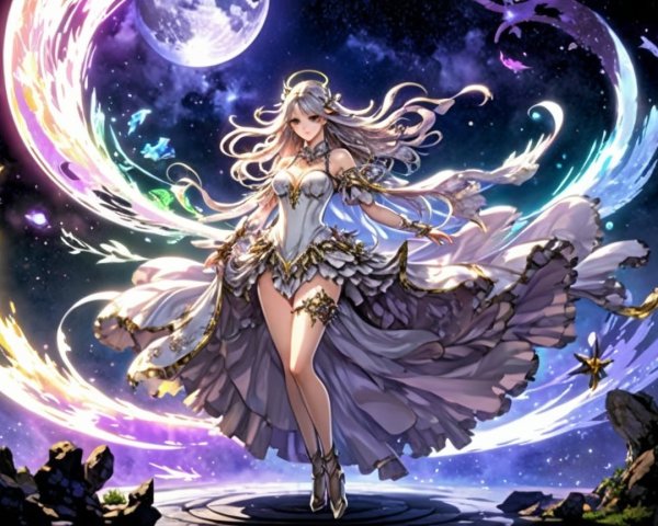 Majestic figure in white gown against cosmic backdrop